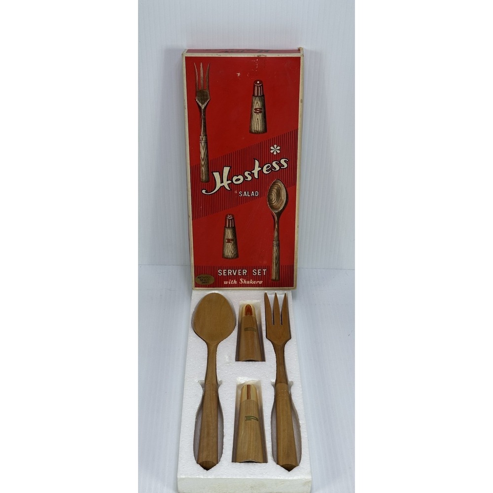 Vintage MCM Hostess Salad Server Set Shakers Salt Pepper Japan Artwood NIB